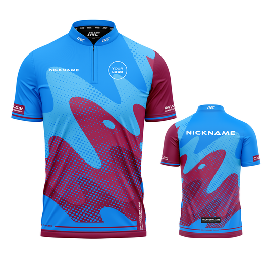 Combined front and back view of the Wacky Maroon Blue XPRO Collar Custom Pool Shirt from INC-APPAREL
