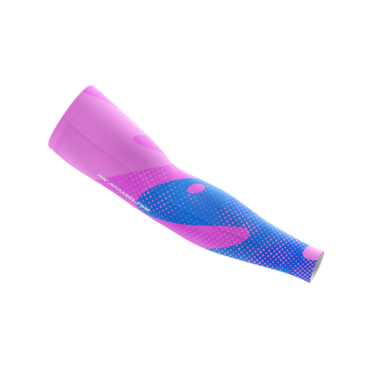 Wacky Pink and Blue Darts Sleeve from INC-APPAREL – pink and blue compression arm sleeve with breathable fabric and vibrant wacky design.