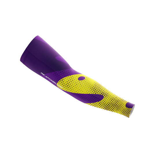 Wacky Purple and Yellow Darts Sleeve from INC-APPAREL – vibrant compression arm sleeve with breathable fabric and bold purple-yellow design.
