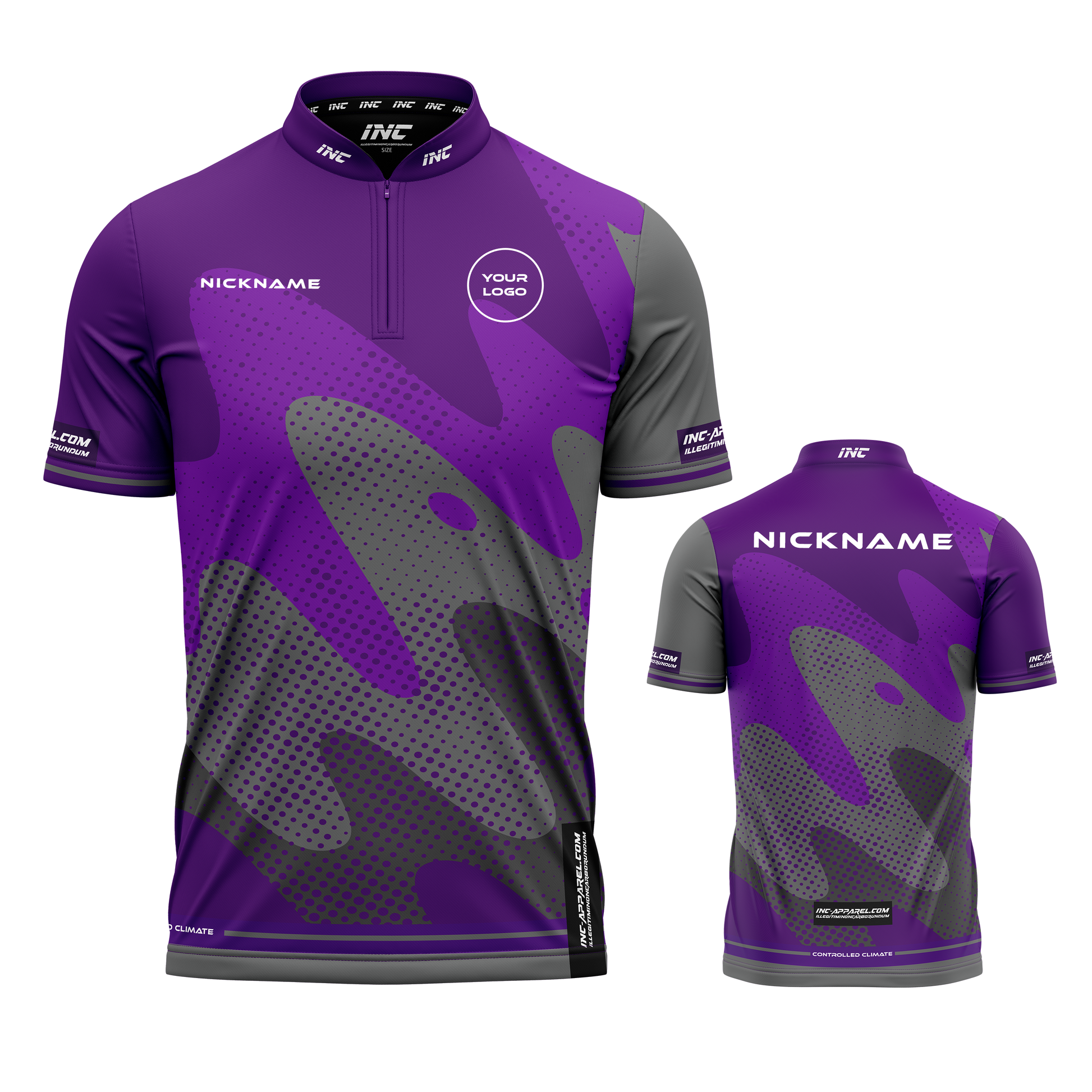 Combined front and back view of the Wacky Purple Grey XPRO Collar Custom Pool Shirt from INC-APPAREL