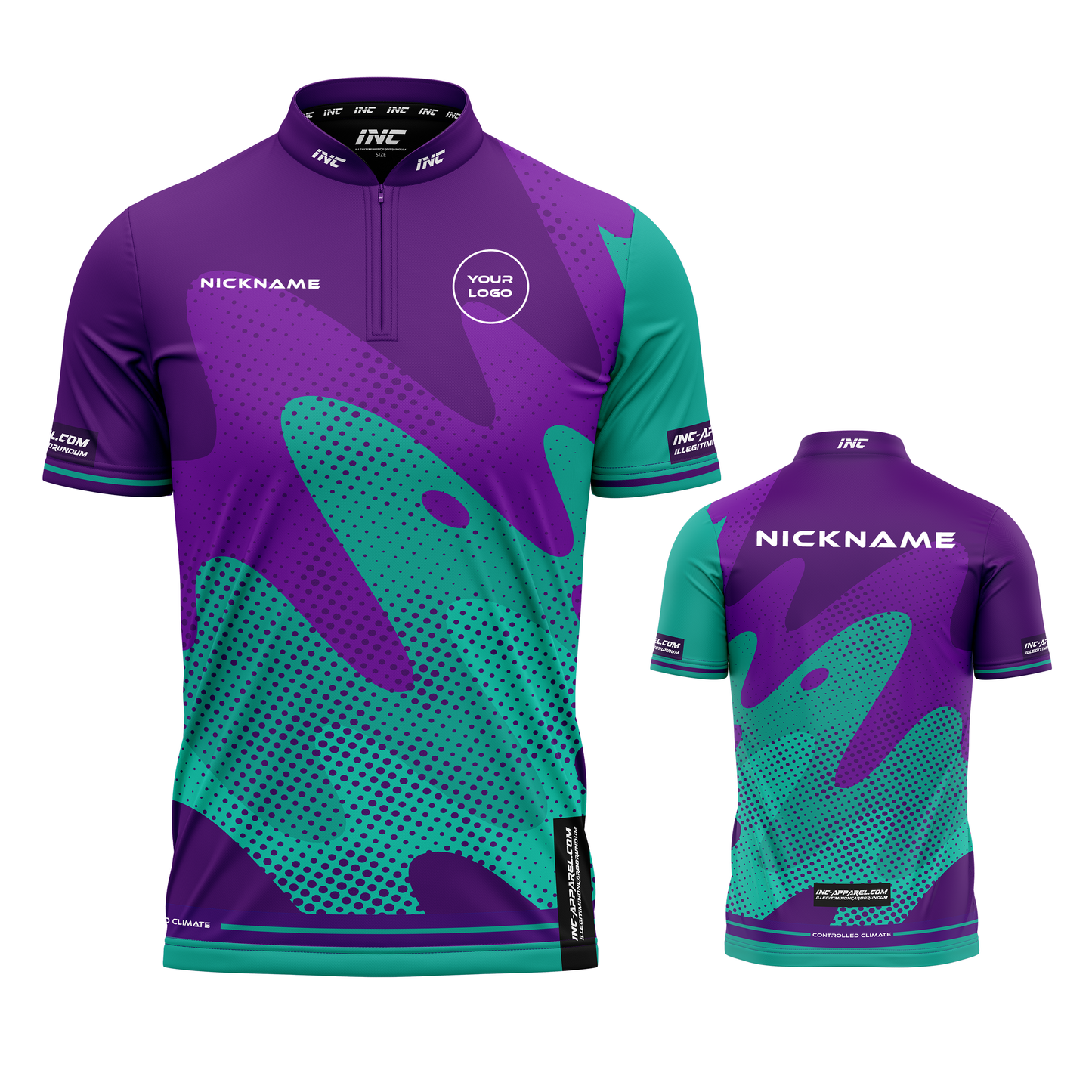 Combined front and back view of the Wacky Purple and Teal XPRO Collar Custom Pool Shirt from INC-APPAREL