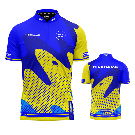 Combined front and back view of the Wacky Royal Blue and Yellow XPRO Collar Custom Pool Shirt from INC-APPAREL