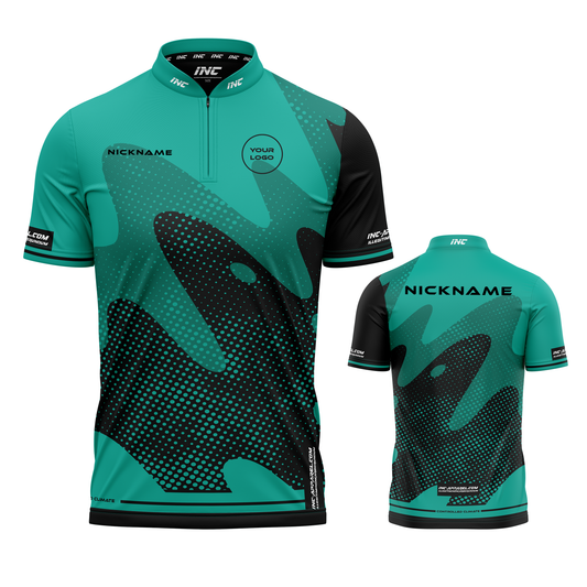 Combined front and back view of the Wacky Teal Black XPRO Collar Custom Pool Shirt from INC-APPAREL