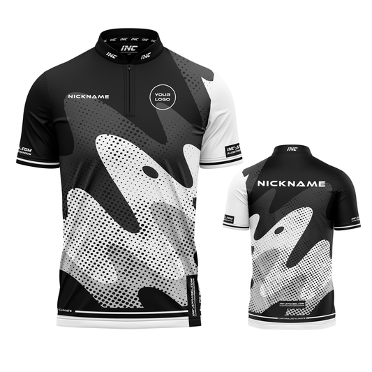 Combined front and back view of the Wacky White Black XPRO Collar Custom Pool Shirt from INC-APPAREL