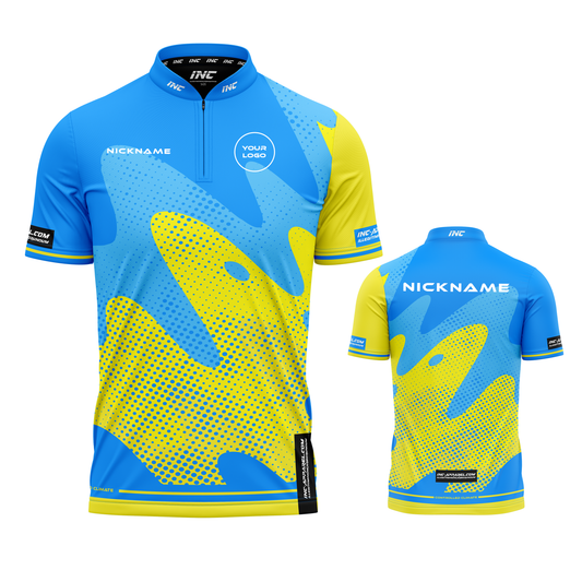 Combined front and back view of the Wacky Blue Yellow XPRO Collar Custom Pool Shirt from INC-APPAREL
