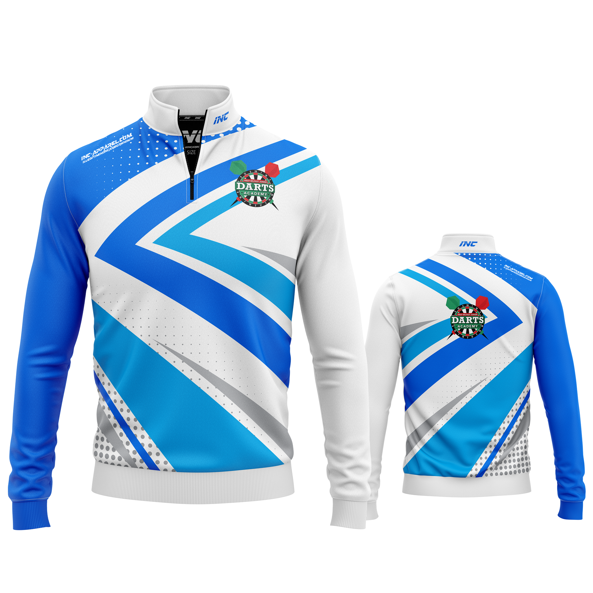 West Belfast Junior Academy 1/4 zip midlayer in blue from INC-APPAREL – combined front and back views showing official academy branding and training design.