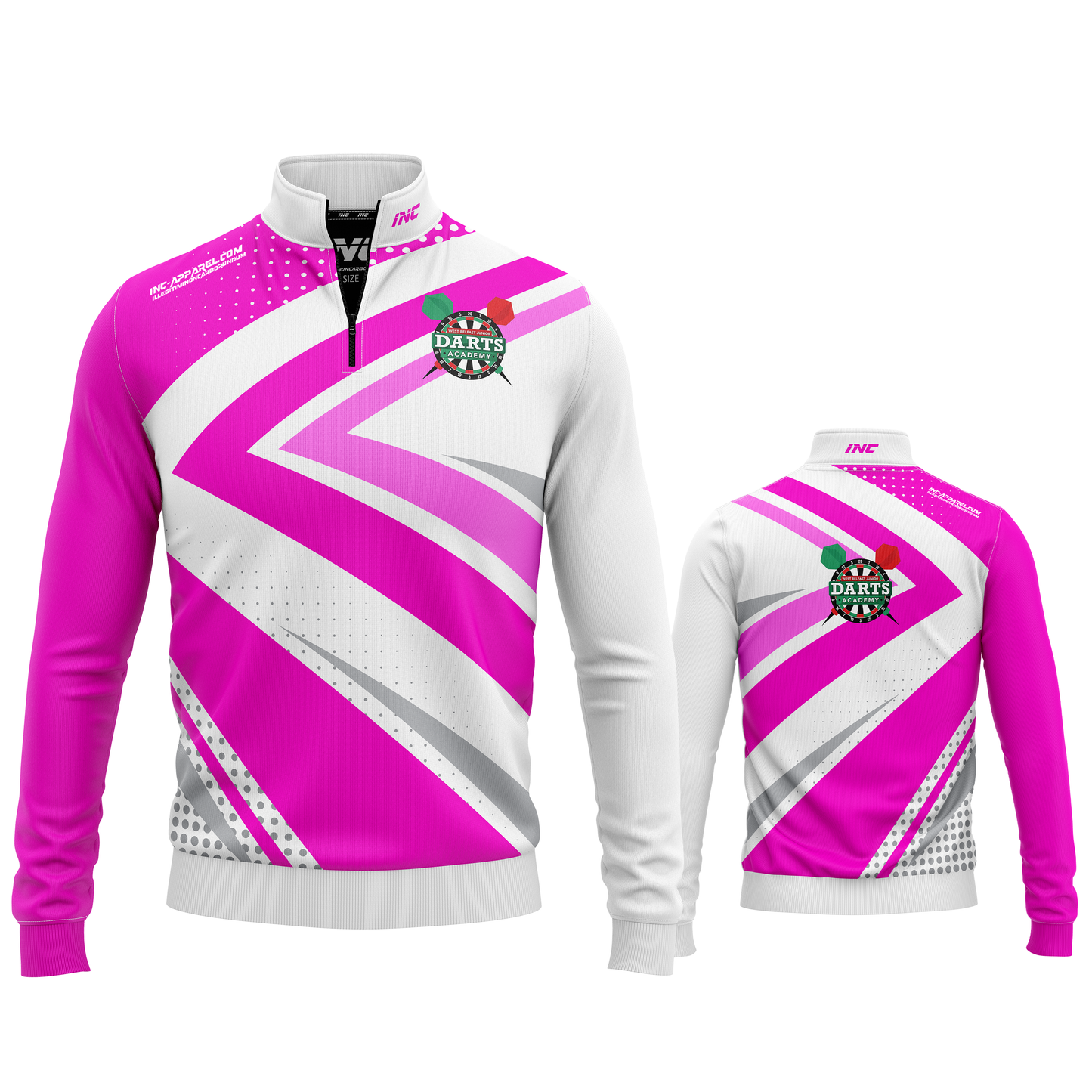 West Belfast Junior Academy 1/4 zip midlayer in pink from INC-APPAREL – combined front and back views showing academy branding and training-ready design.