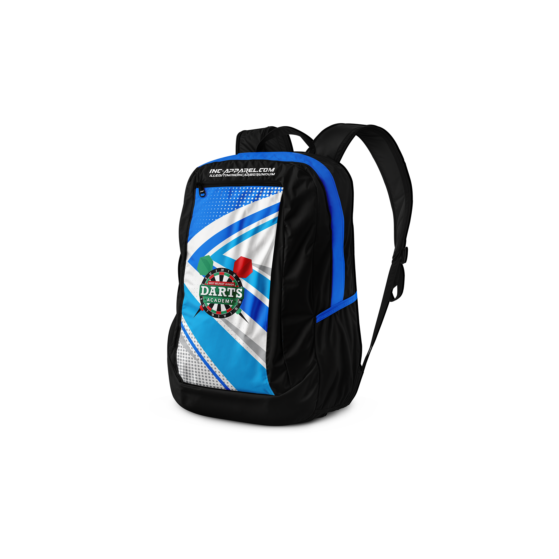 West Belfast Junior Academy backpack in blue from INC-APPAREL – combined front and back views showing storage compartments and academy branding.
