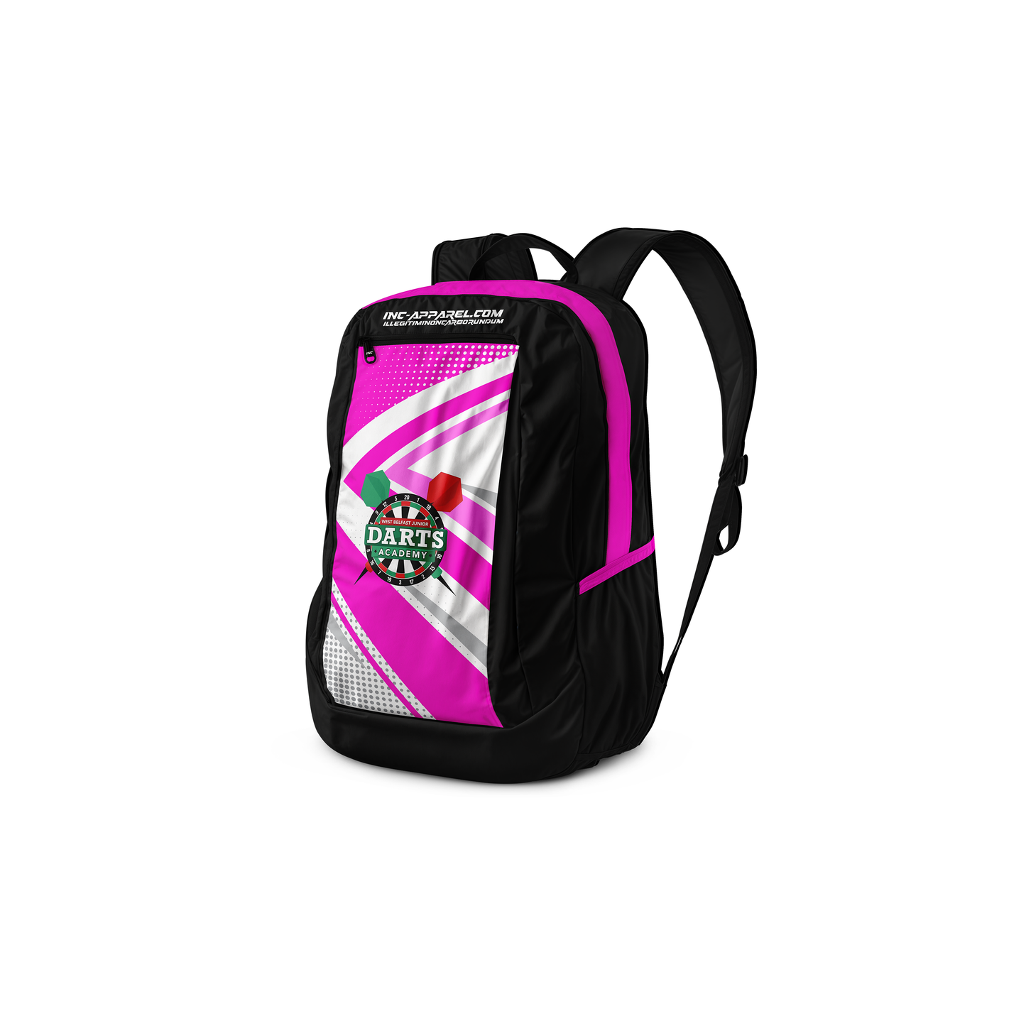 West Belfast Junior Academy backpack in pink from INC-APPAREL – combined front and back views showing durable design and academy branding.