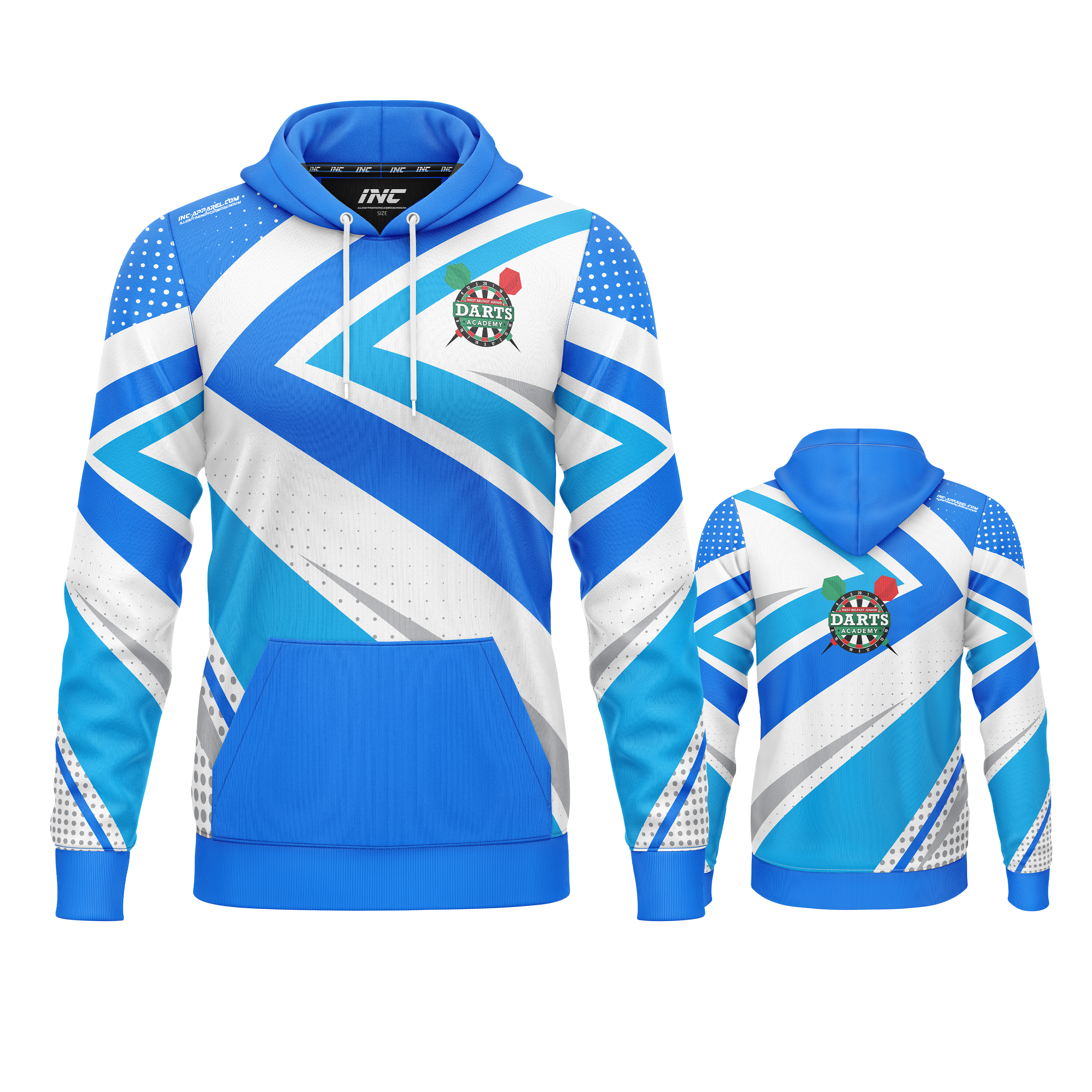 West Belfast Junior Academy darts hoodie in blue from INC-APPAREL – combined views showing academy branding and relaxed fit.