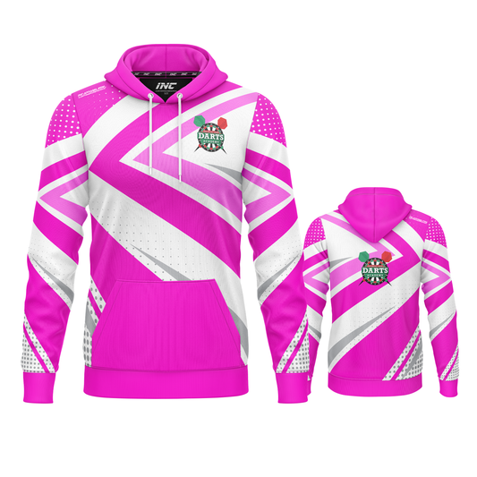 West Belfast Junior Academy darts hoodie in pink from INC-APPAREL – combined views showing academy branding and comfortable fit.