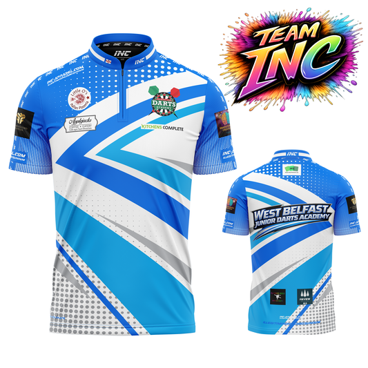 Official West Belfast Junior Academy darts shirt in blue from INC-APPAREL – combined front and back views showing club crest, academy branding, and sponsor layout.