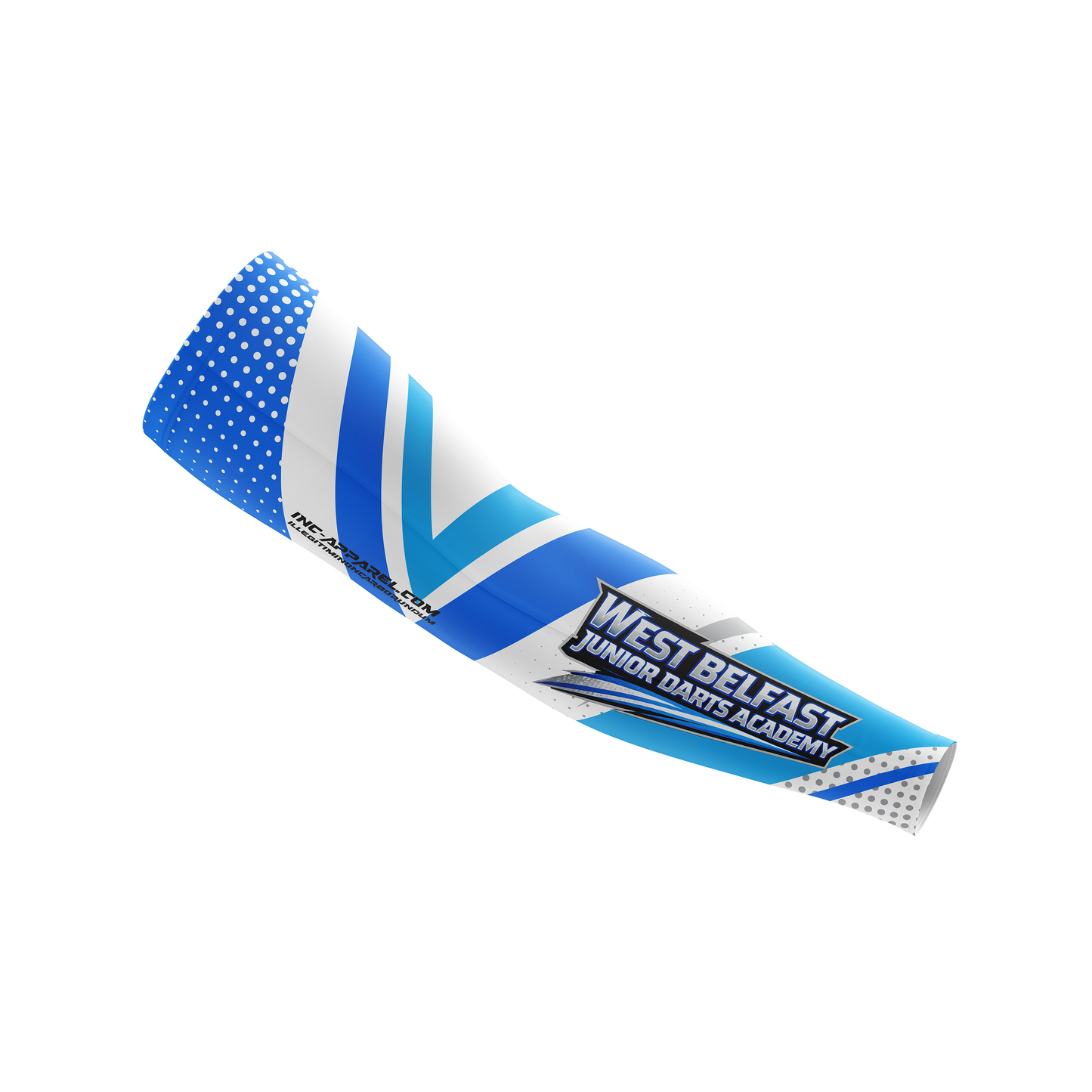 West Belfast Junior Academy darts sleeves in blue from INC-APPAREL – combined front and back views showing official academy branding and performance fit.