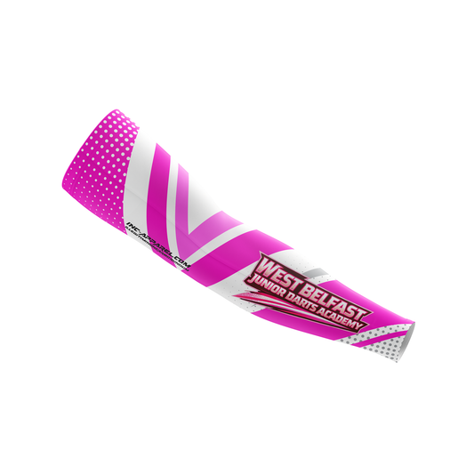 West Belfast Junior Academy darts sleeves in pink from INC-APPAREL – combined front and back views showing official academy branding and performance fit.