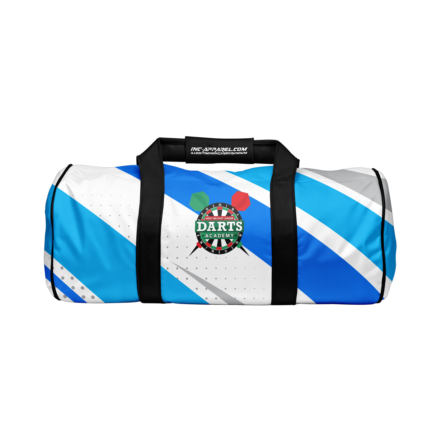 West Belfast Junior Academy kit bag in blue from INC-APPAREL – combined front and back views showing spacious design and academy branding.