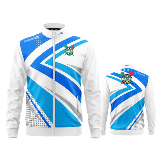 West Belfast Junior Academy tournament jacket in blue from INC-APPAREL – combined front and back views showing professional competition styling and academy branding.