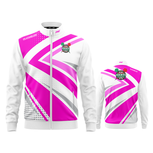 West Belfast Junior Academy tournament jacket in pink from INC-APPAREL – combined front and back views showing professional styling and academy branding.