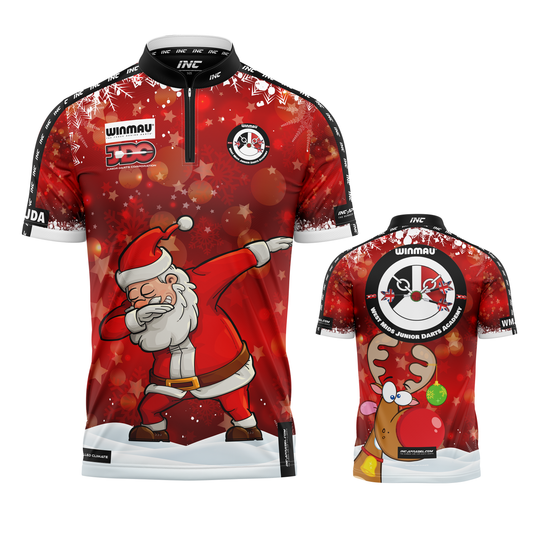 Combined front and back view of the Official West Midlands Junior Darts Academy Christmas Darts Shirt from INC-APPAREL